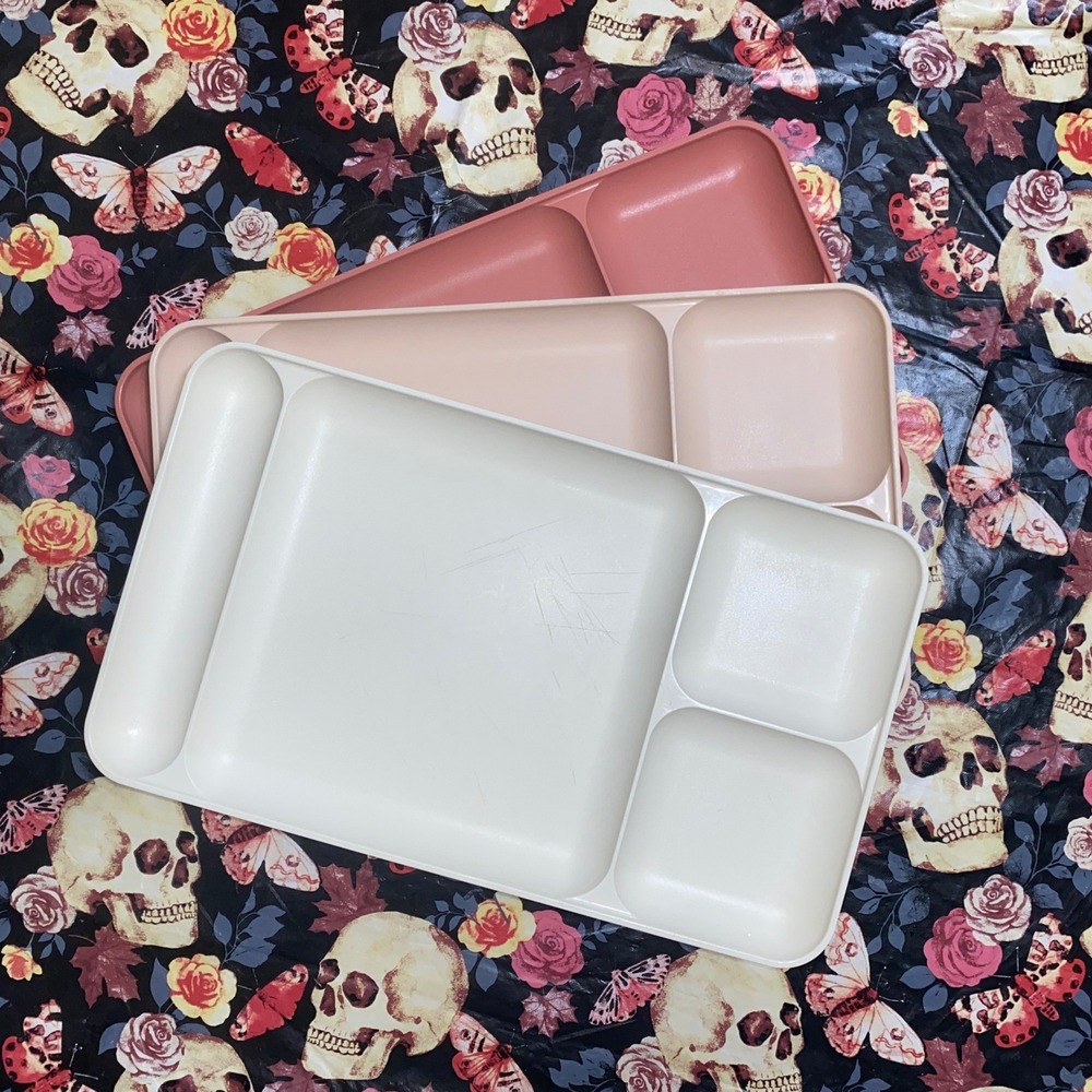 Vintage Tupperware Divided Lunch Trays Set‎ of 3 Pink Cream Rose Made in USA
